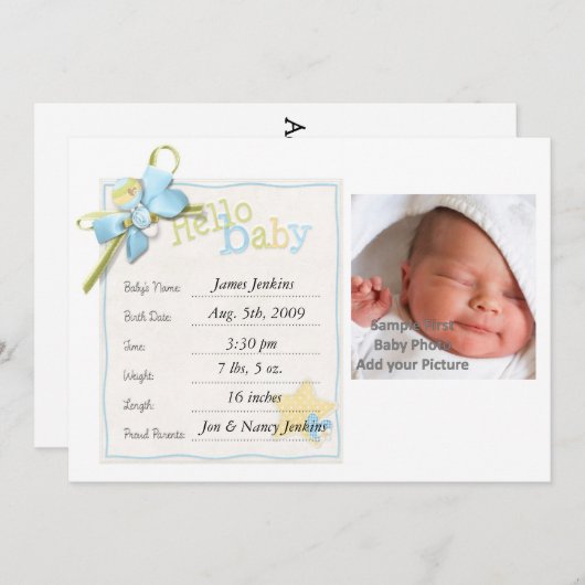 男の赤ちゃんベビー生まれたばかりのの発表 案内状 (正面/裏面)