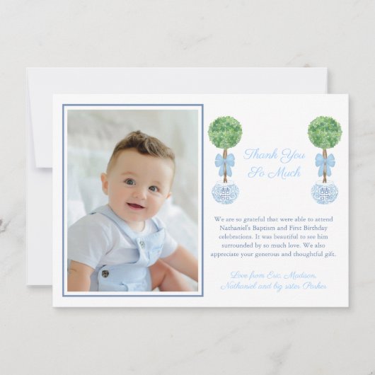 男の赤ちゃんボクウッドトピアリーバプテスマ誕生日写真 サンキューカード (正面)