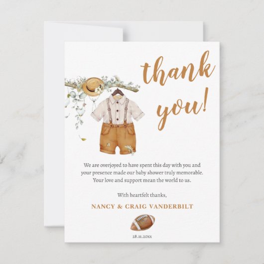 男の赤ちゃんボホサッカー水の色ベビーシャワー サンキューカード (正面)