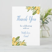 男の赤ちゃんポジターノレモンズブルーパターンベビーシャワー サンキューカード (スタンド正面)