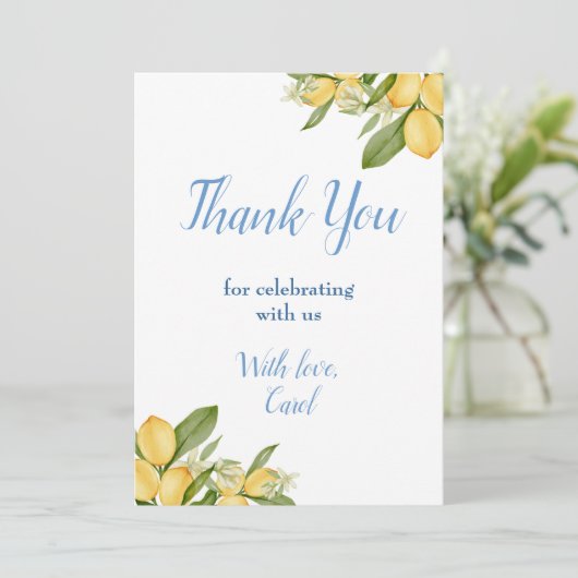 男の赤ちゃんポジターノレモンズブルーパターンベビーシャワー サンキューカード (スタンド正面)