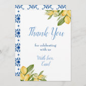 男の赤ちゃんポジターノレモンズブルーパターンベビーシャワー サンキューカード (正面/裏面)