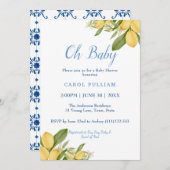 男の赤ちゃんポジターノレモンズブルーパターンベビーシャワー 招待状 (正面/裏面)