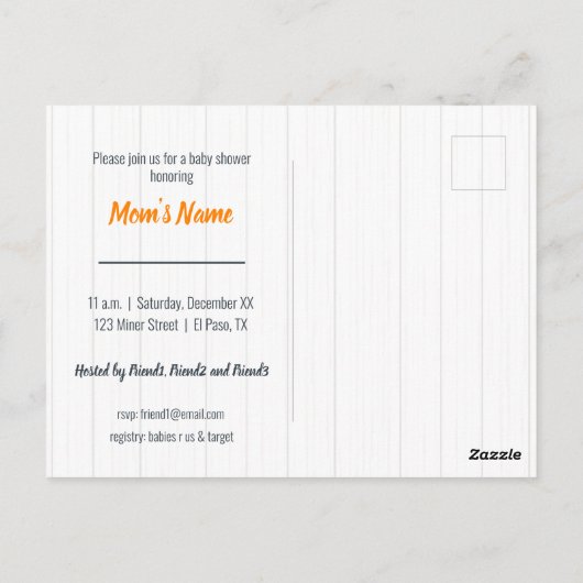 男の赤ちゃんマイナーオレンジベイビーシャワー招待状ポスト ポストカード (裏面)