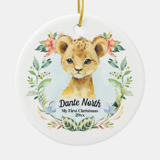 男の赤ちゃんマイ初めてのクリスマスウォーターカラーライオンカブ セラミックオーナメント (正面)