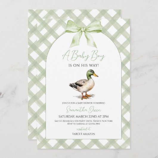 男の赤ちゃんマラルダックベビーシャワー 招待状 (正面/裏面)