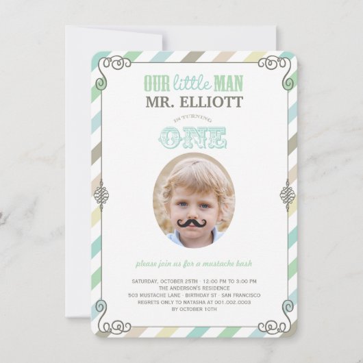 男の赤ちゃんムスタッシュ1st誕生日パーティー写真招待状 招待状 (正面)