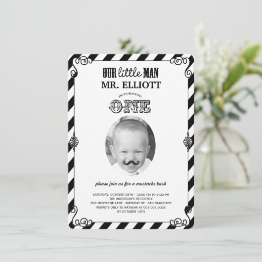 男の赤ちゃんムスタッシュ1st誕生日パーティー写真招待状 招待状 (スタンド正面)
