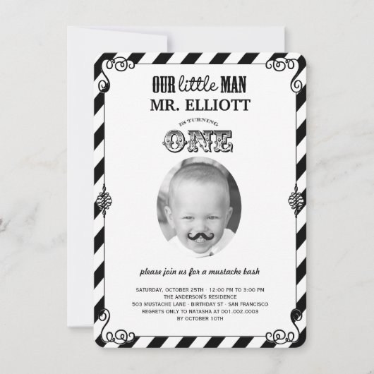 男の赤ちゃんムスタッシュ1st誕生日パーティー写真招待状 招待状 (正面)