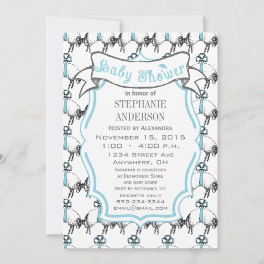 男の赤ちゃんモダンかわいい子羊の模様シャワー 招待状 (正面)