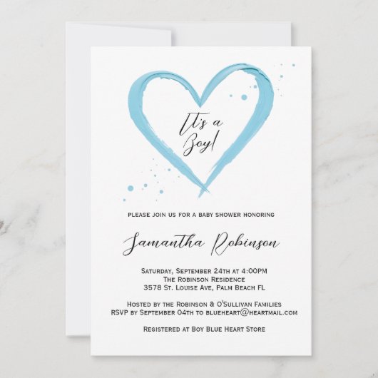男の赤ちゃんモダンほこりっぽいブルーハートベビーシャワー 招待状 (正面)