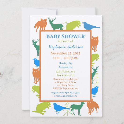 男の赤ちゃんモダンウッドランド生き物シャワー 招待状 (正面)