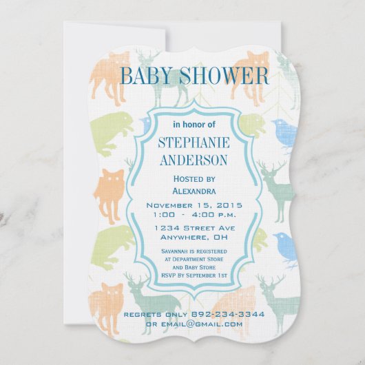 男の赤ちゃんモダンウッドランド生き物シャワー 招待状 (正面)