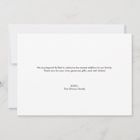 男の赤ちゃんモダングリーンフォトコラージュと誕生情報 サンキューカード (裏面)