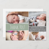 男の赤ちゃんモダングリーンフォトコラージュと誕生情報 サンキューカード (正面/裏面)