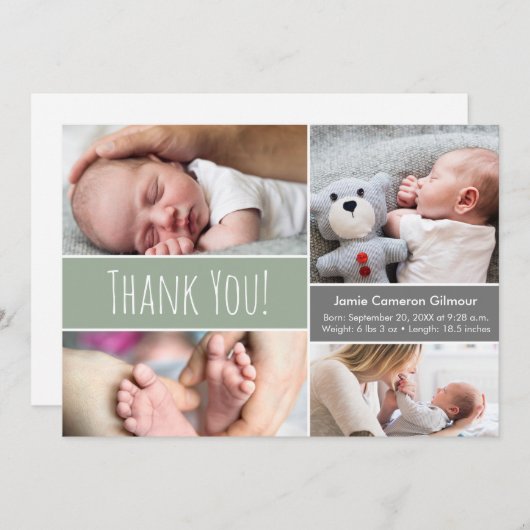 男の赤ちゃんモダングリーンフォトコラージュと誕生情報 サンキューカード (正面/裏面)