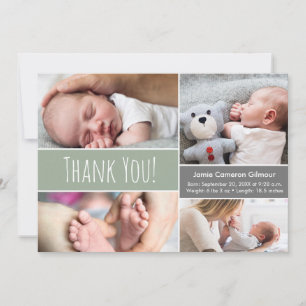 男の赤ちゃんモダングリーンフォトコラージュと誕生情報 サンキューカード