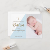 男の赤ちゃんモダンブルーフォトバプテスマありがとう カード (正面/裏面インサイチュ)