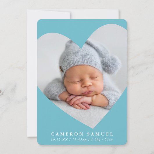 男の赤ちゃんモダン写真かわいいハートフレームaqua blue I 招待状 (正面)