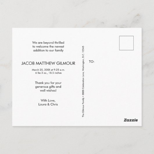 男の赤ちゃんモダン写真ベビーシャワーありがとう ポストカード (裏面)