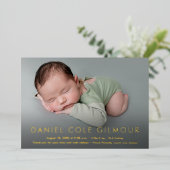 男の赤ちゃんモダン名カスタム誕生統計フォト金ゴールド 箔シーズンカード (立ち正面)