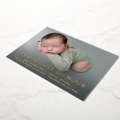 男の赤ちゃんモダン名カスタム誕生統計フォト金ゴールド 箔シーズンカード (回転した状態)