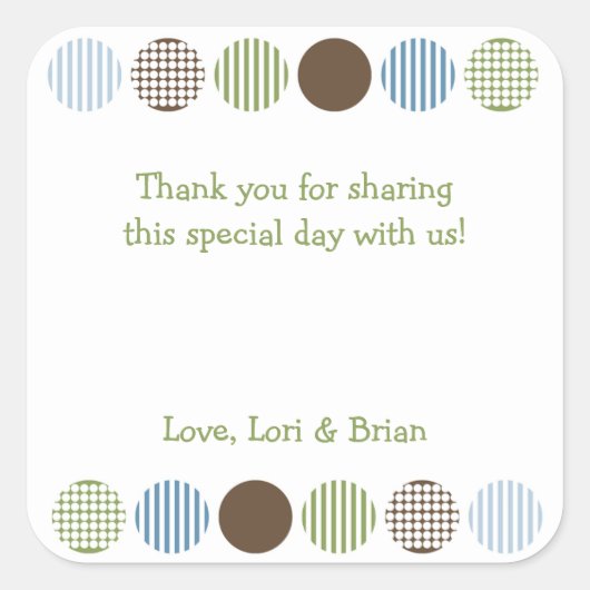 男の赤ちゃんモダン水玉模様シャワーメッセージカード スクエアシール (正面)