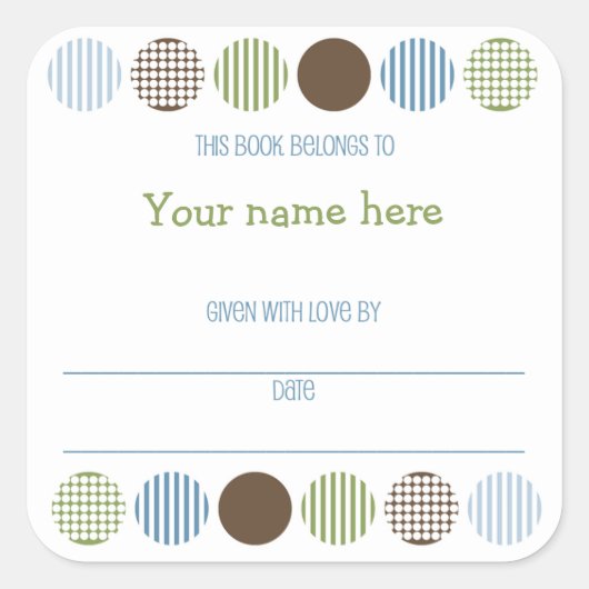 男の赤ちゃんモダン水玉模様ブックプレート名蔵書票 スクエアシール (正面)