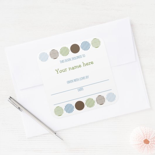 男の赤ちゃんモダン水玉模様ブックプレート名蔵書票 スクエアシール (封筒)