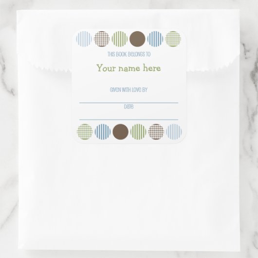 男の赤ちゃんモダン水玉模様ブックプレート名蔵書票 スクエアシール (バッグ)