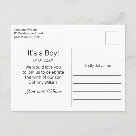 男の赤ちゃんモダン誕生写真発表葉書 案内ポストカード (裏面)