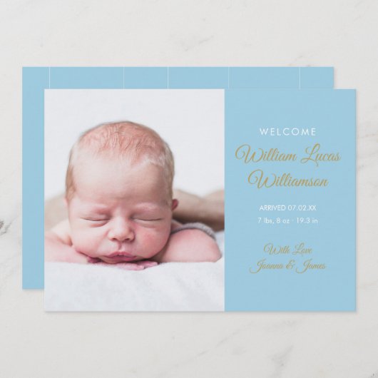 男の赤ちゃんモダン金ゴールドスクリプトフォト誕生 案内状 (正面/裏面)