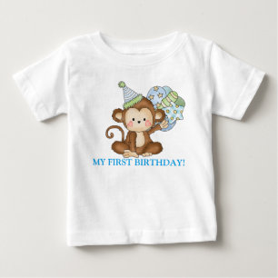 男の赤ちゃんモンキーファースト誕生日tシャツ ベビーTシャツ