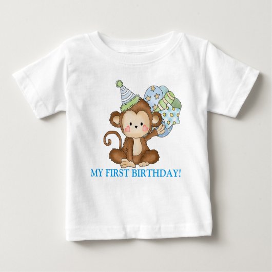 男の赤ちゃんモンキーファースト誕生日tシャツ ベビーTシャツ (正面)