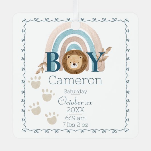 男の赤ちゃんライオン名前をカスタムすると誕生形見 メタルオーナメント (正面)