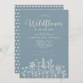 男の赤ちゃんリトルワイルドフラワーブルーベビーシャワー 招待状 (正面/裏面)