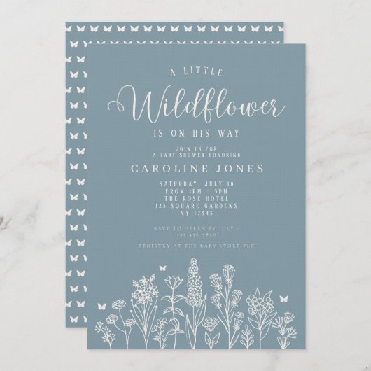 男の赤ちゃんリトルワイルドフラワーブルーベビーシャワー 招待状 (正面/裏面)