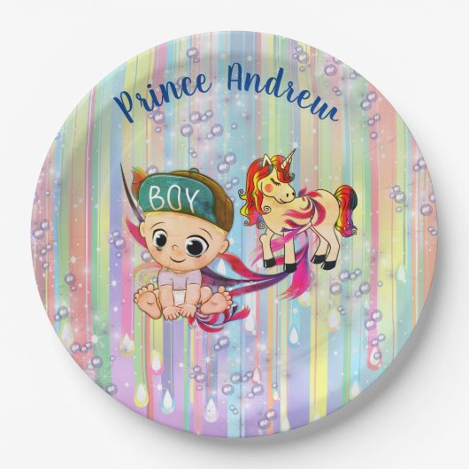 男の赤ちゃんレインボーバブル&ユニコーン赤ちゃんシャワー ペーパープレート (正面)