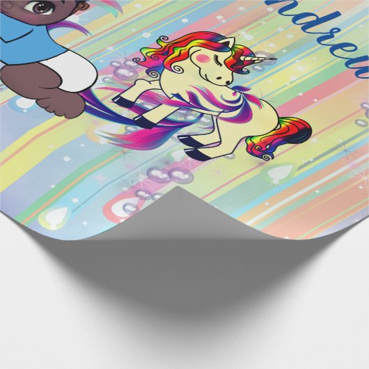 男の赤ちゃんレインボーバブル&ユニコーン赤ちゃんシャワー ラッピングペーパー (角)