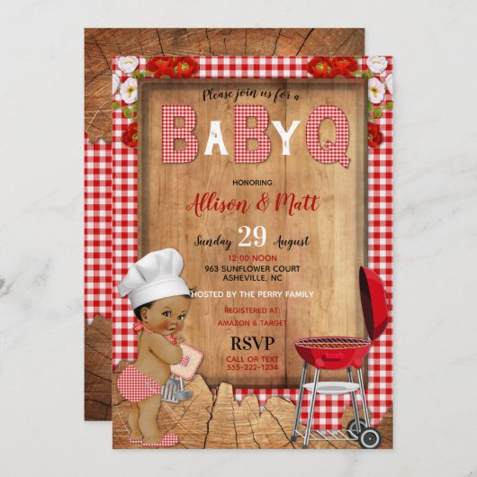 男の赤ちゃんレッドギンガムウッドフラワーズベビーQバーベキュー 招待状 (正面/裏面)