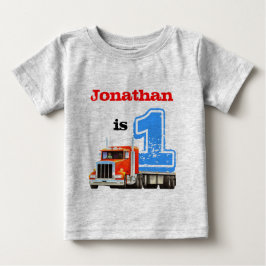男の赤ちゃんレッドフラットベッドトラック1st誕生日 ベビーTシャツ