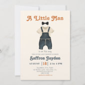 男の赤ちゃんレトロテラコッタブルーデニムベビーシャワー 招待状 (正面)