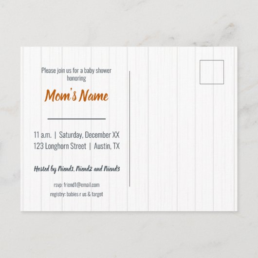 男の赤ちゃんロングホーン焦げオレンジ色の赤ちゃんシャワー インビテーションポストカード (裏面)