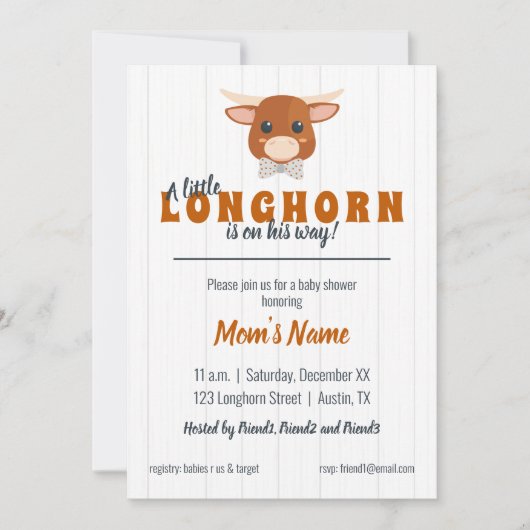 男の赤ちゃんロングホーン焦げオレンジ色の赤ちゃんシャワー 招待状 (正面)