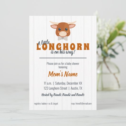 男の赤ちゃんロングホーン焦げオレンジ色の赤ちゃんシャワー 招待状 (スタンド正面)
