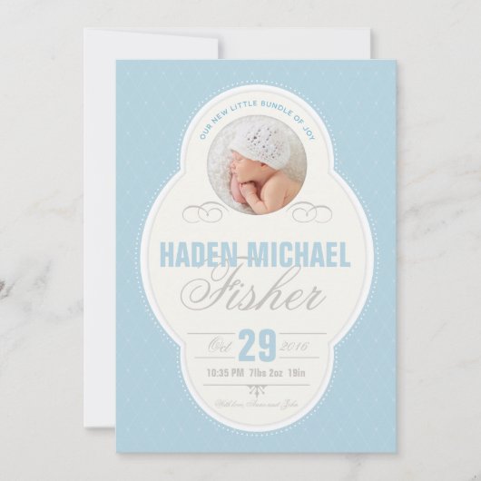 男の赤ちゃんヴィンテージフレーム誕生発表 – 青 案内状 (正面)