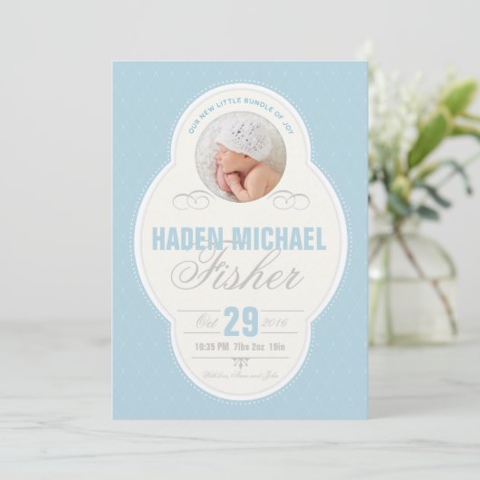 男の赤ちゃんヴィンテージフレーム誕生発表 – 青 案内状 (スタンド正面)