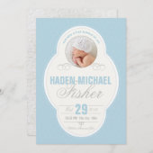 男の赤ちゃんヴィンテージフレーム誕生発表 – 青 案内状 (正面/裏面)