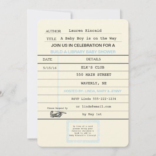 男の赤ちゃんヴィンテージ書庫カードブックシャワー 招待状 (正面)