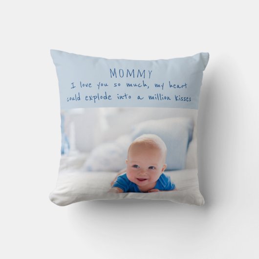 男の赤ちゃん写真と母への愛らしいメッセージ クッション (正面)